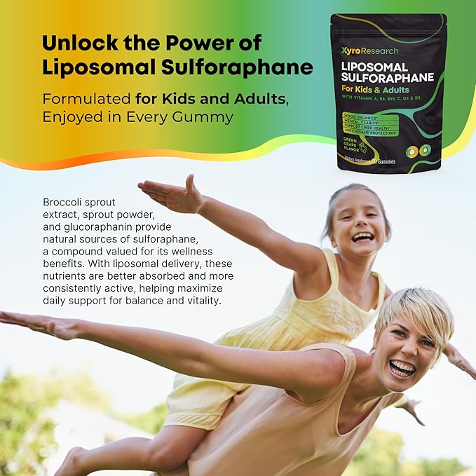 Liposomal Sulforaphane Gummies - 150mg Broccoli Sprout Extract with Vitamins Supplement for Kids Adults - Antioxidant Cellular Health &amp Liver Detox Support - Non-GMO Vegan Sugar-Free