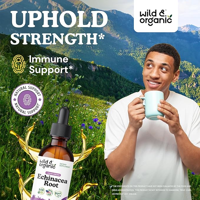 Wild &amp Organic Echinacea Tincture - Immune Support Drops with Liquid Echinacea Root Extract - Angustifolia Supplements - Vegan Sugar &amp Alcohol-Free - 2 fl oz