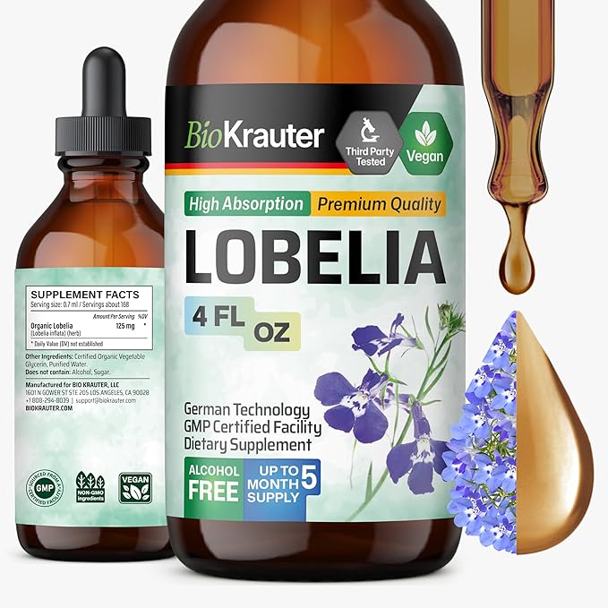 BIO KRAUTER Lobelia Tincture for Lung Cleanse &amp Detox - Pure Vegan Lobelia Herb Liquid Extract - 4 Fl.Oz 168 Days of Supply - Respiratory Support Supplement - Alcohol &amp Sugar Free Non-GMO