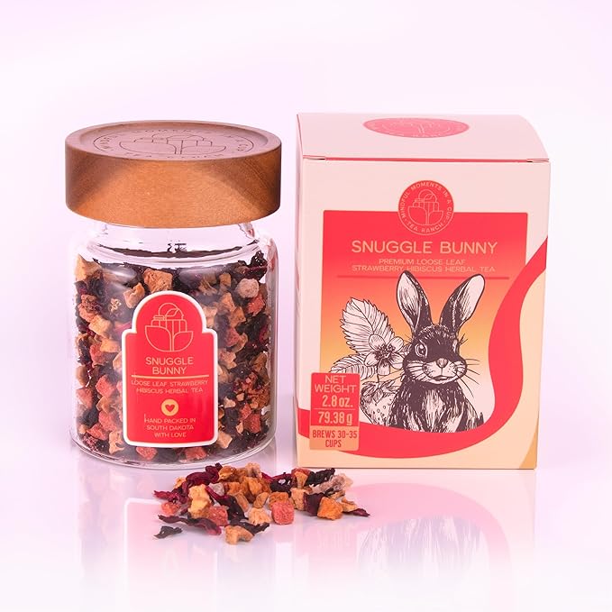 Tea Ranch – Snuggle Bunny Strawberry Loose Leaf Fruity Berry Herbal Tea Premium Blend Naturally Caffeine‑Free Herbal Enjoy Hot or Iced &amp Brews Up to 35 Cups 2.8 oz Reusable Glass Tea Jar with