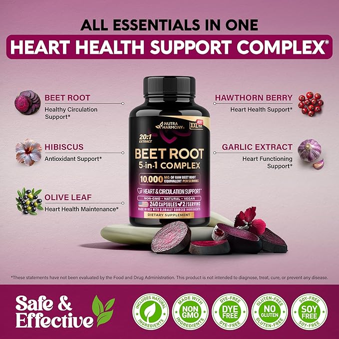 Beet Root 5-in-1 Complex Capsules - Healthy Blood Pressure Support Supplement** for Heart &amp Circulation Support - with Hawthorn Berry Hibiscus &amp Garlic - for Men &amp Women - Made in USA 24