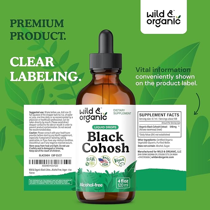 Wild &amp Organic Black Cohosh Supplements - Menopause Supplements for Women - 540 mg Black Cohosh Root Extract Tincture - Add to Tea Drops - 5-Month Supply - Vegan Sugar &amp Alcohol-Free - 4 fl o