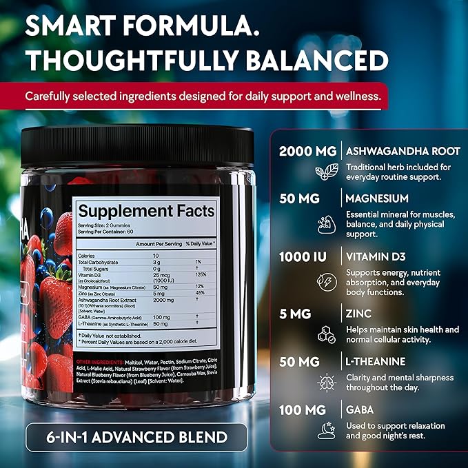 Ashwagandha Gummies – 120 Count - 2000 MG Ashwagandha Supplements with L-Theanine GABA Magnesium Zinc &amp Vitamin D3 – Sugar-Free Vegan Non-GMO–Natural Support for Balance