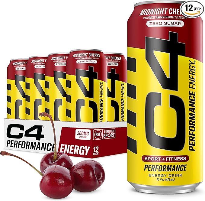 C4 Energy Carbonated Zero Sugar Energy Drink Pre Workout Drink + Beta Alanine Midnight Cherry 16 Fl Oz (Pack of 12)