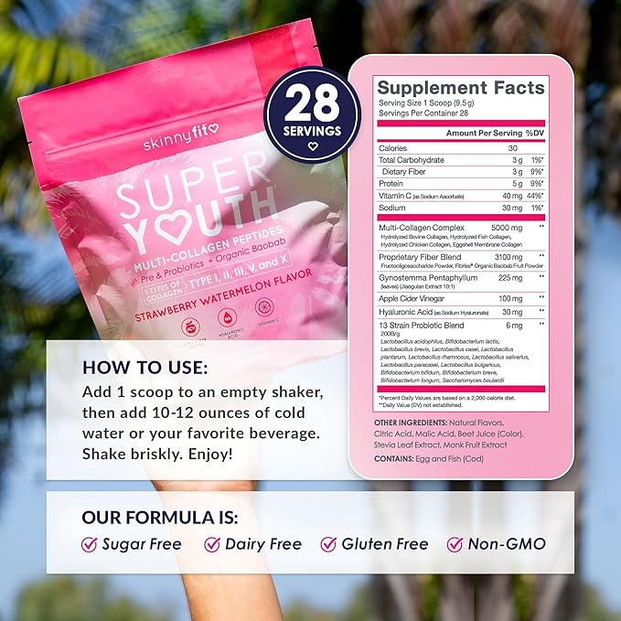 SkinnyFit - Super Youth Collagen for Women - Multi Collagen Peptides Powder - Probiotics Fiber Hyaluronic Acid - Non GMO Gluten Free Sugar Free - Beauty - Strawberry Watermelon (28 Servings)