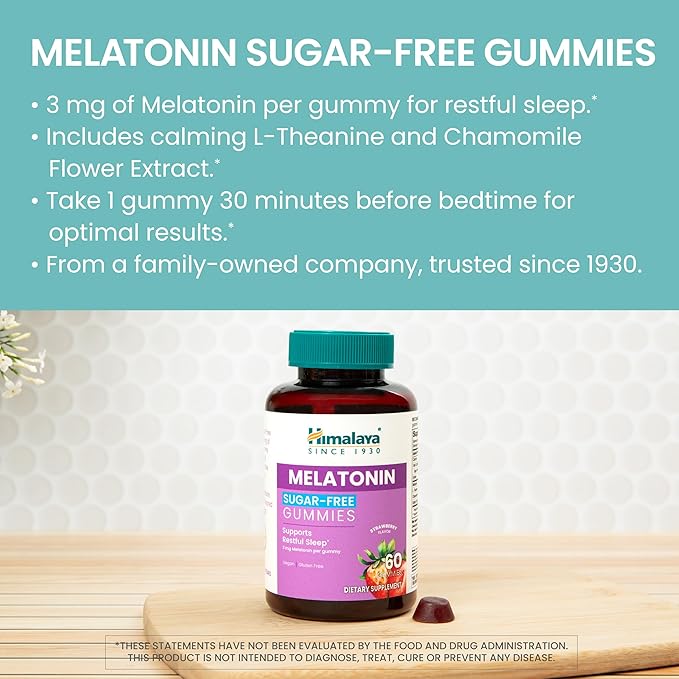 Himalaya Melatonin Sugar-Free Gummies Supports Restful Sleep Vegan Gluten-Free 3 mg Melatonin 60 Gummies