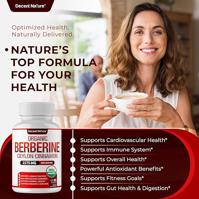 Organic Berberine with Ceylon Cinnamon 2175mg - Premium berberine supplement high purity extract USDA Organic support immune system Berberine Plus Complex Non-GMO Vegan for Men Women 90 Capsules