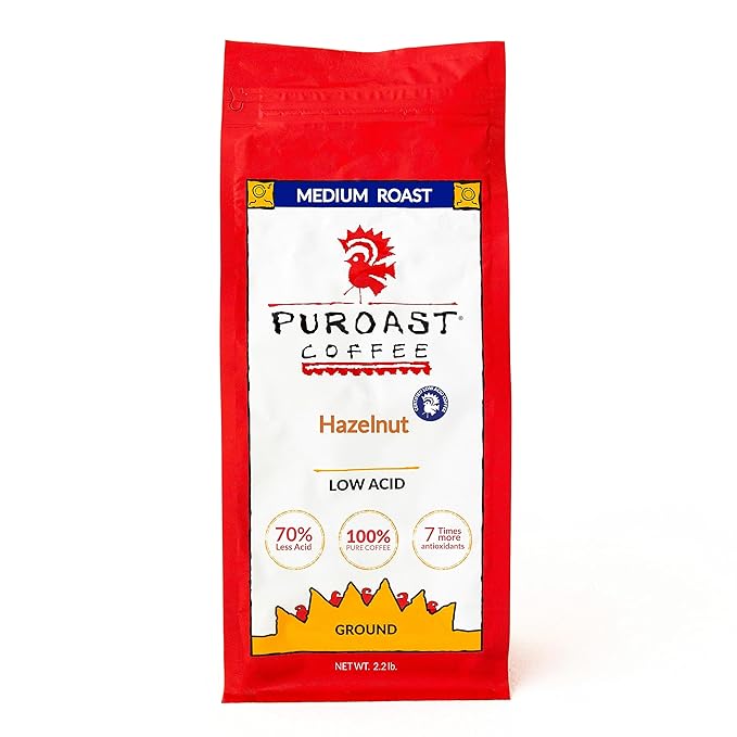 Puroast Low Acid Coffee Flavored | Hazelnut Ground | Medium Roast | High Antioxidants &amp High pH |No Bitter Aftertaste | Reduced Heartburn &amp GERD | Suitable for Cold Brew - 2.2 LB