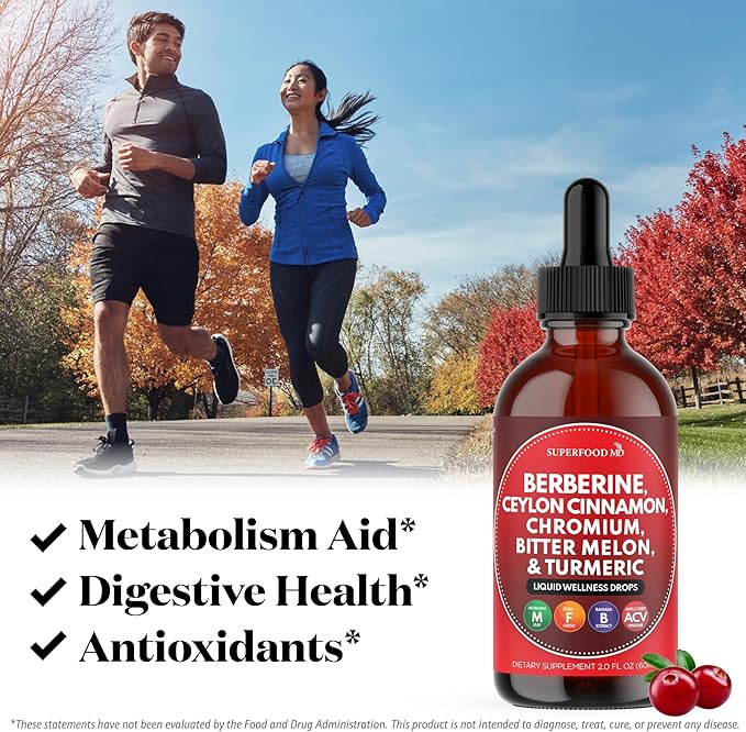 Berberine with Ceylon Cinnamon Supplement Liquid Drops + Bitter Melon Extract Glucomannan Gymnema Chromium Turmeric Organic Panax Ginseng Moringa 4oz