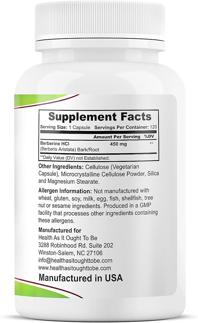 Health As It Ought To Be Fresh Berberine Supplement 450mg | Contains Only Berberine | No Preservatives | 120 Capsules