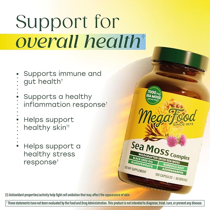 MegaFood Sea Moss Complex - Irish Sea Moss 7000mg Per Serving Plus Black Seed Oil Burdock Root Bladderwrack &amp Ashwagandha - Vegan Gut Health &amp Immune Support Supplement 120 Capsules 60 Ser