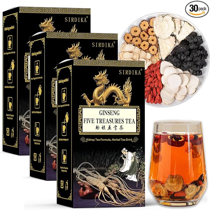 Ginseng Five Treasures Kidney Care Tea - Zhu Gen Wu Bao Cha - Men’s Herbal Tea (30 bags/3 boxes)