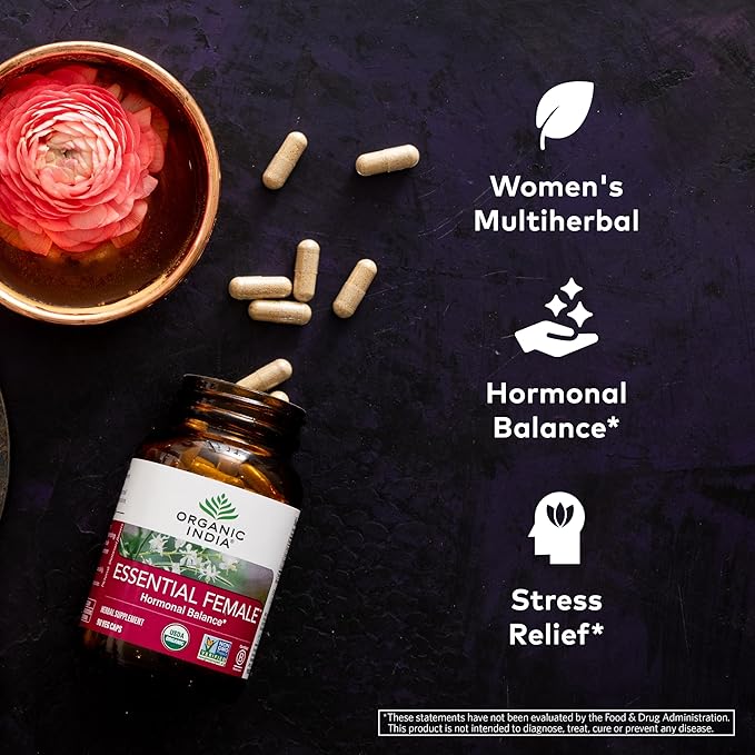 ORGANIC INDIA Essential Female Herbal Supplement - Hormonal Balance Women's Formula Reproductive Health Adaptogen Ayurvedic USDA Certified Organic Non-GMO - 90 Capsules