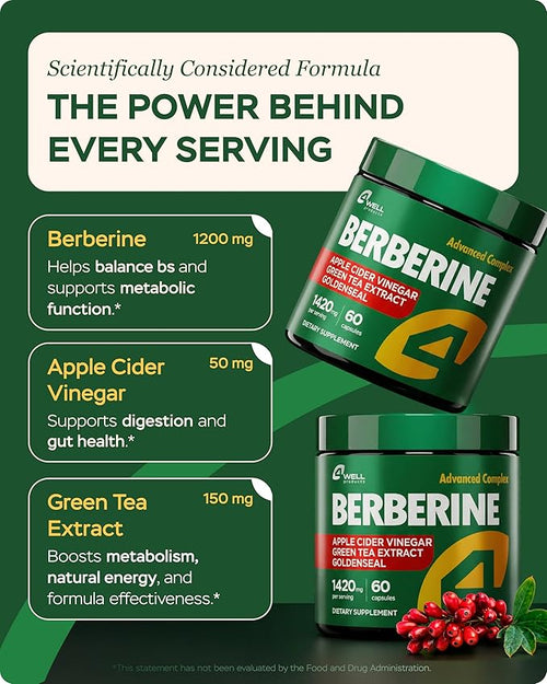 2-Pack Berberine Supplement - Triple Strength GLP-1 Activator w/Goldenseal Apple Cider Vinegar Green Tea Extract - Goldenseal Supplements Digestive Health Support Heart Immune System 120 Caps