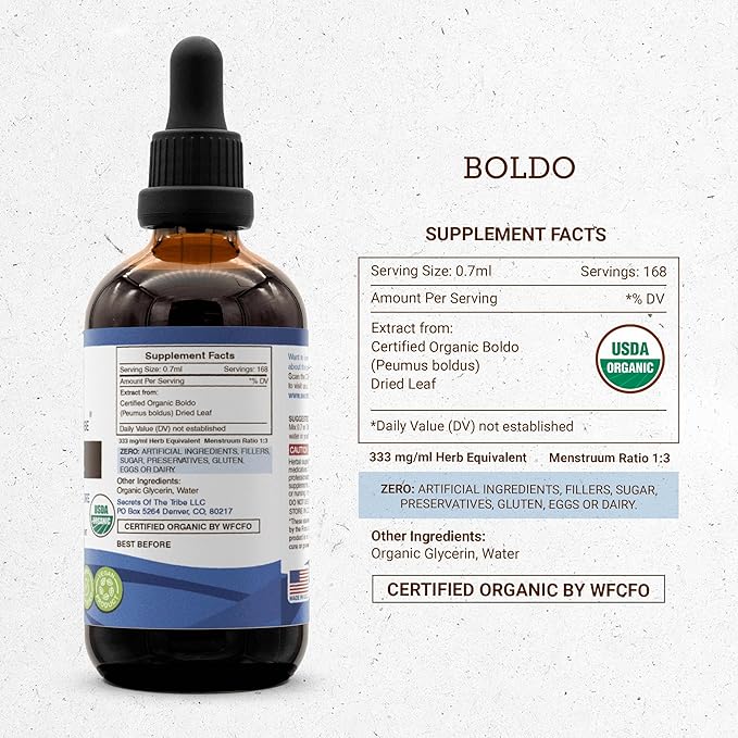 Secrets of the Tribe Boldo USDA Organic | Alcohol-Free Extract High-Potency Herbal Drops | Made from 100% Certified Organic Boldo (Peumus boldus) Dried Leaf (4 oz)