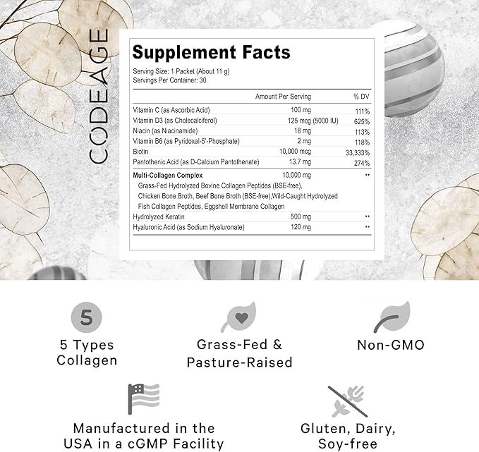 Codeage Multi Collagen and Biotin 10000 mcg + Vitamin C B6 &amp D3 Keratin Hyaluronic Acid Niacin 18 Amino Acids - Stick Packs Supplement - 5 Types Collagen Protein – 30 Powder Packets