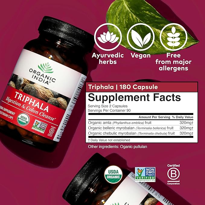 ORGANIC INDIA Triphala Capsules Organic - Herbal Supplement with Amla Bibhitaki Haritaki Digestion &amp Colon Support Immune System Support Adaptogen Vegan USDA Certified Organic - 180 Capsule