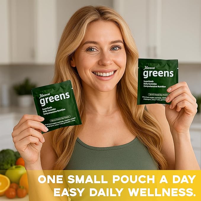 Daily Greens Superfood Green Gummies Packets - Digestive &amp Gut Health Chlorella and Spirulina Supplement with 20+ Organic Prebiotics Fiber Vitamins &amp Minerals - 224 Low Sugar Gummy