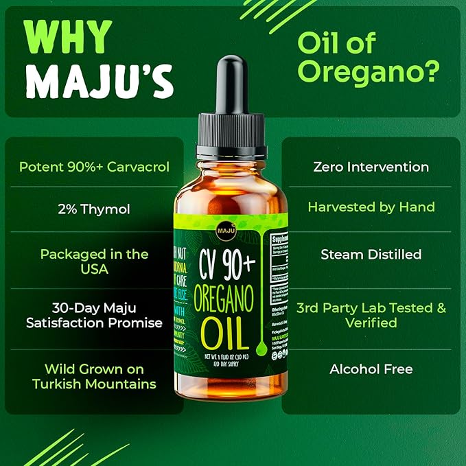 Maju Superfoods Oregano Oil Drops Potent 90%+ Carvacrol (1 fl Oz) Wild Mediterranean Essential Oil of Oregano Liquid Aceite de Oregano Immune and Seasonal Support