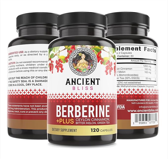 Ancient Bliss Berberine HCL 1200mg with Ceylon Cinnamon Bitter Melon and Green Tea Extract - 120 Capsules
