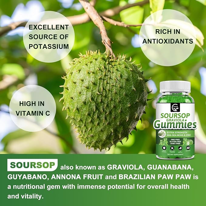 (2 Pack) Soursop Graviola Gummies - 2200mg Extra Strength Soursop Leaves Extract w/Sea Moss Extract 200mg Zinc &amp Vitamin C - Supports Immunity Liver &amp Digestive Gluten Free Vegan 120 Gumm