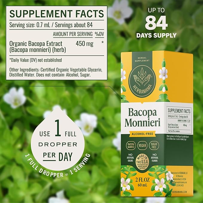 HERBAMAMA Bacopa Monnieri Supplement - Vegan Brain Focus and Clarity Support with Bacopa Extract Tincture - Non-GMO Alcohol &amp Sugar-Free Brahmi Herb Drops 84-Day Supply