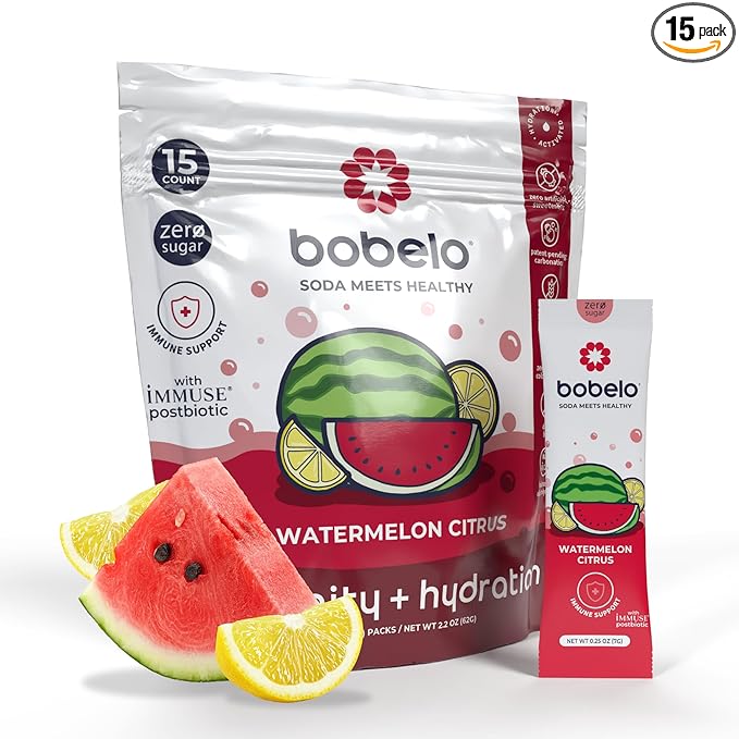 Bobelo Self-Carbonating Hydration Packets - Watermelon Citrus Flavor (15ct) | Low Calorie Electrolyte Drink Mix | Keto Friendly Sugar Free Water Enhancer | Soda Sparkling Water Alternative