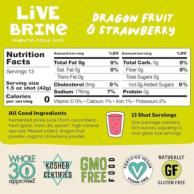 Olive My Pickle Probiotic Pickle Juice - 58.5 Ounces | 3 Pack of LiveBrine Dragonfruit &amp Strawberry Pickle Juice with Natural Probiotics and Digestive Enzymes for Gut Health - 39 Pickle Shots