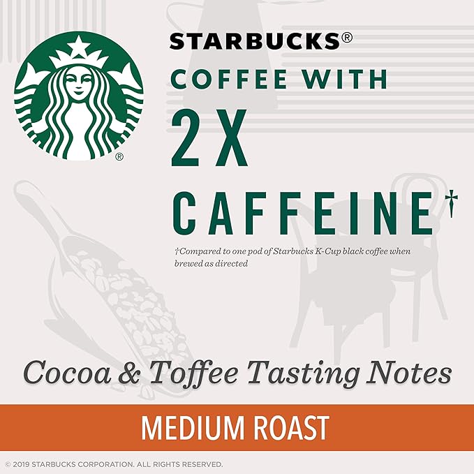 Starbucks Medium Roast K-Cup Coffee Pods with 2X Caffeine for Keurig Brewers 4 boxes (48 pods total)