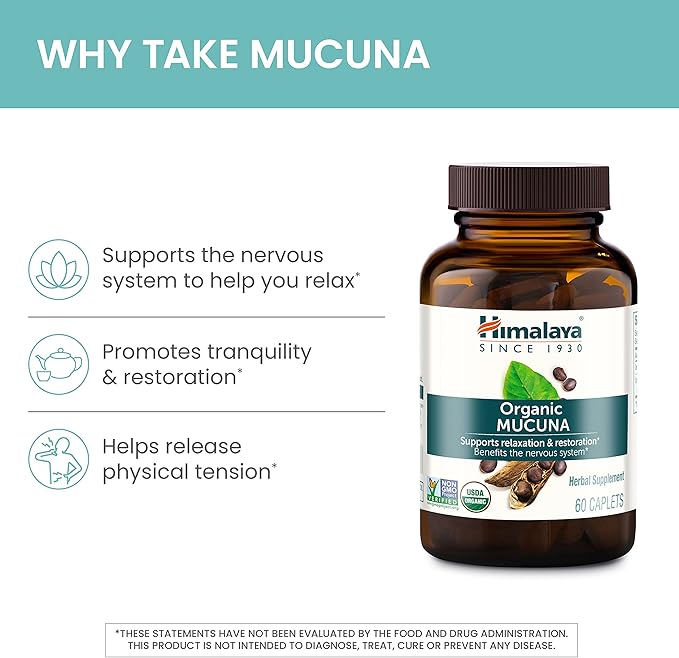 Himalaya Organic Mucuna Pruriens 60 Day Supply - Herbal Supplement for Calming Relaxation from Tension and Promoting Brain Function - Vegan Non-GMO Gluten Free 600 mg 60 Caplets