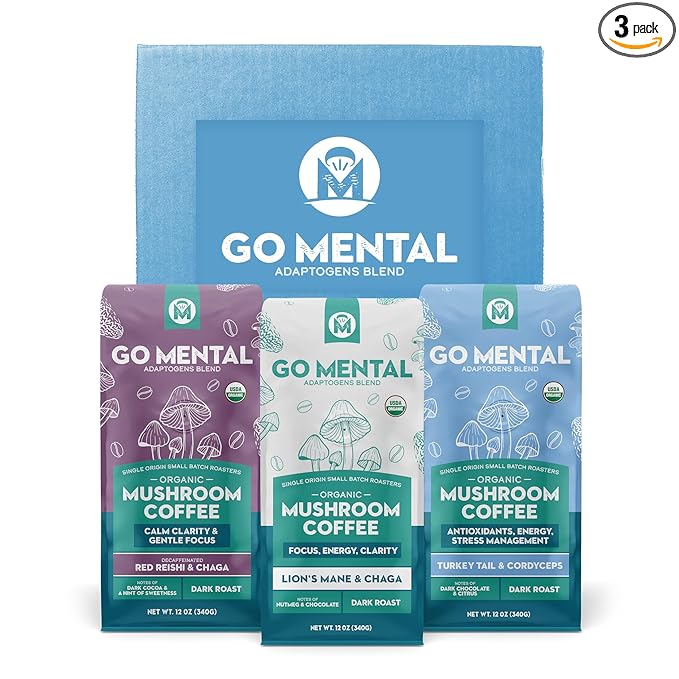 Organic Mushroom Coffee 3 Bag Gift Box Set Lion's Mane &amp Chaga Red Reishi &amp Chaga Decaffeinated Turkey Tail &amp Cordyceps Immune Support &amp Overall Wellbeing Dark Roast 36oz Ground