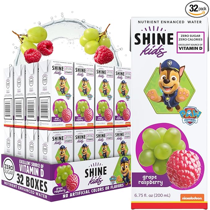 Shine Water x Paw Patrol Grape Raspberry Kids Juice Boxes with Vitamin D | No Added Sugar | Naturally Flavored Drinks for Kids | Vegan Gluten Free Zero Calorie Hydration | 32 Pack