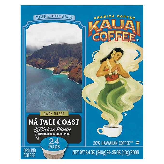 Kauai Coffee Pods Compatible with K-Cup Pods for Keurig Brewers – 20% Hawaiian Arabica – Dark Roast Rich Smooth No Bitterness – Na Pali Coast 1 Pack of 24 Single Serve Cups