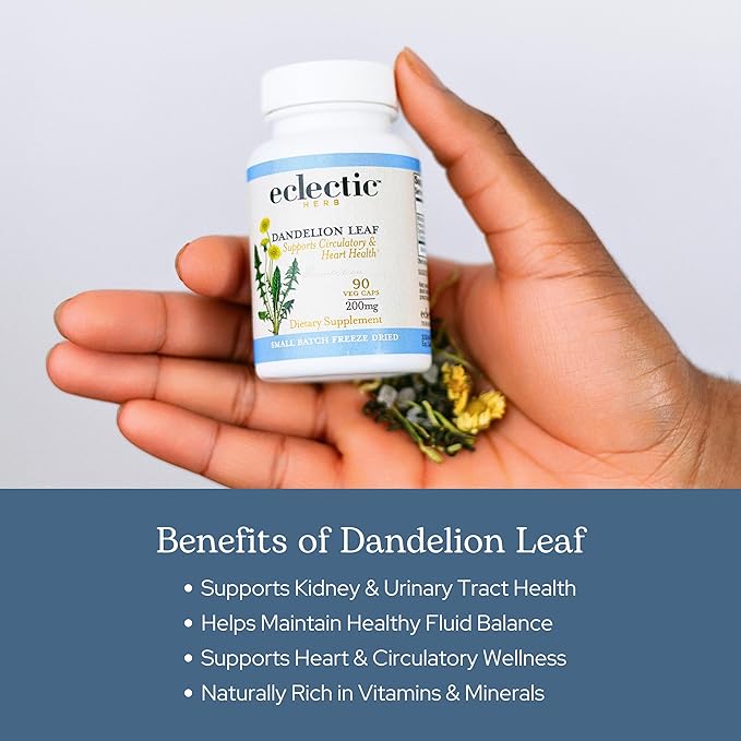 Eclectic Herb - Raw Freeze-Dried Dandelion Leaf Capsules | Supports Cleansing Digestive Function &amp Heart Health | Natural Herbal Supplement | Organic Non-GMO Vegan Whole Herb (90 CT | 200 mg)