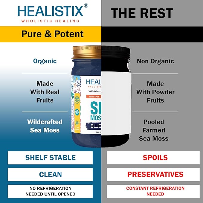 Healistix Blueberry Sea Moss Gel [16 Oz] - Exquisitely Crafted from Seamoss Wildcrafted in The Pristine Waters of St Lucia A Natural Delight - Sea Vegetable in Glass Jar