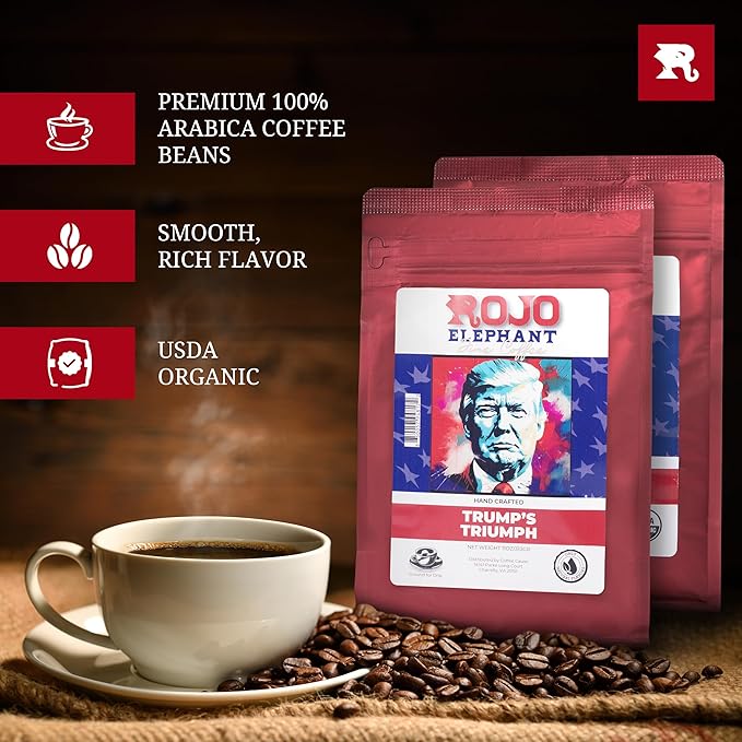 Rojo Elephant Handcrafted Ground Coffee 100% Arabica Beans 11 0z Bags Pack of 2 Trump's Triumph Alexander Hamilton Prestige Collection