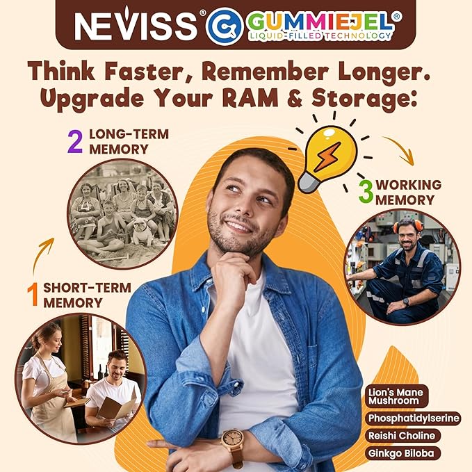 Neviss Kids 10+ Focus Brain Gummies w/Lion's Mane B6 Methyl B12 Mushroom Filled Gummy for Teen &amp Adults Memory &amp Energy Phosphatidylserine L-Tyrosine Choline Beetroot Ginkgo Biloba Su