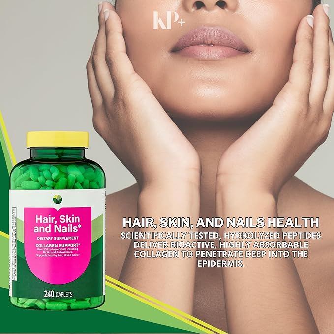 KP+ Spring Valley Hair Skin &amp Nails | Collagen Support | Over 15 Key Ingredients Including Biotin &amp Antioxidants | Dietary Supplement | 240 Caplets | Pack of 1