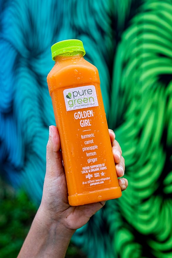 Pure Green Cold Pressed Juice - Golden Girl - Fresh Functional Blend with Turmeric Carrot Pineapple Lemon Ginger - Natural Gluten Free Non-GMO No Artificial Colors or Flavors - Made from Real F