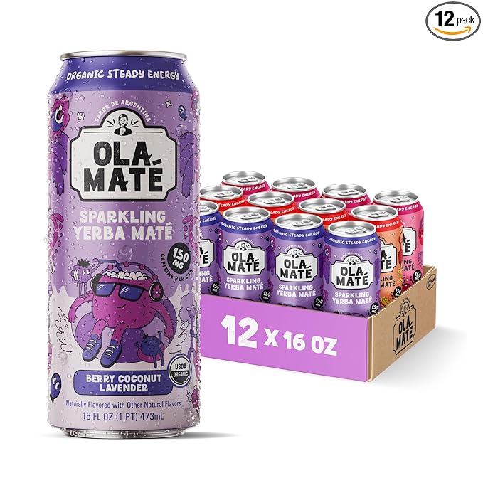 Yerba Mate Energy Drink - Low Sugar Sparkling Tea Cans Variety Pack with Ashwagandha Lion’s Mane USDA Organic Clean Energy Drink with 150mg Natural Caffeine Ola Maté
