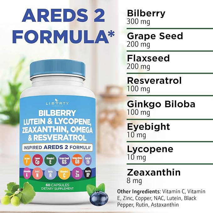 Eye Health Vitamins with Bilberry Lutein &amp Zeaxanthin Lycopene Resveratrol Grape Seed Extract Flaxseed Astaxanthin- AREDS 2-180 Capsules