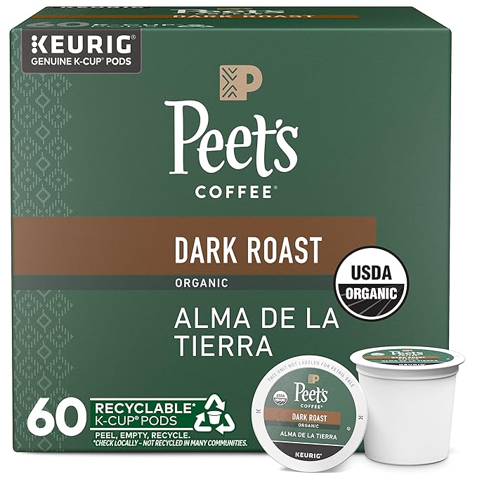 Peet's Coffee USDA Organic Dark Roast Keurig K-Cup Pods 100% Arabica Coffee - Alma de la Tierra 60 Count (6 Boxes of 10 Pods)