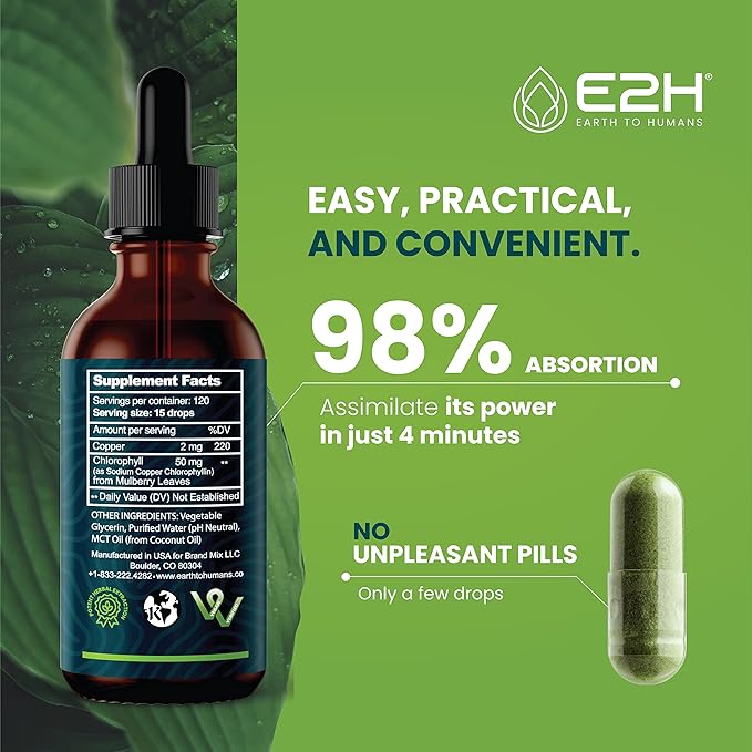 E2H Chlorophyll Liquid Drops - All-Natural Flavored Energy Booster Immune System Support and Internal Deodorant - Vegan - Gluten Free - Non-GMO - 2 Fl Oz