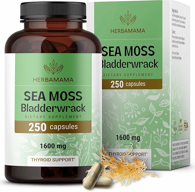 HERBAMAMA Irish Sea Moss Capsules - 1600mg Sea Moss and Bladderwrack for Immune Support - Vegan Non-GMO Immunity Supplement for Overall Support