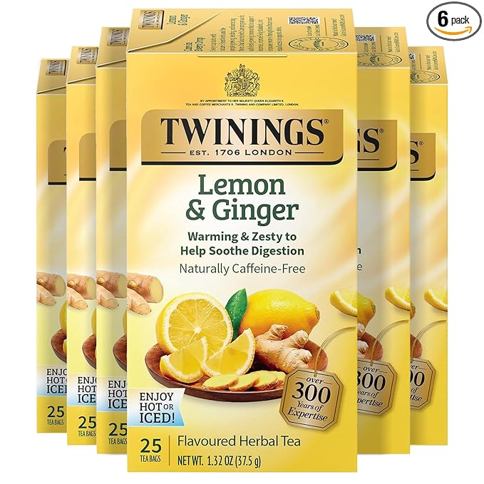 Twinings Lemon &amp Ginger Herbal Tea Individually Wrapped Bags 25 Count (Pack of 6) Spicy Ginger Lemon Peel &amp Lemongrass Naturally Caffeine-Free Enjoy Hot or Iced 150 Teabags