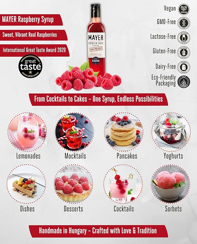 Mayer Premium Artisan Hungarian Raspberry Syrup – Award-Winning Real Fruits and 3 Natural Ingredients Vegan Gluten Free Dairy Free Versatile for Beverages &amp Desserts – No Artificial Additives