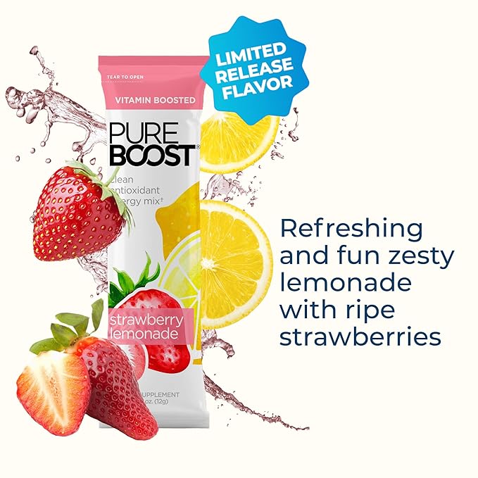 Pureboost Clean Energy Booster Refreshing Energy Drink Mix with B12 Vitamins Electrolytes Antioxidants Sugar-Free with No Sucralose (Strawberry Lemonade 30 Count)