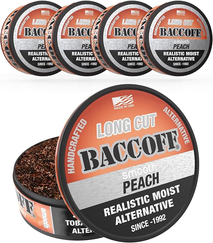 5 Cans BaccOff Smooth Peach Long Cut Sweet Tea Base with Tart Peach Undertones Realistic Moist Alternative