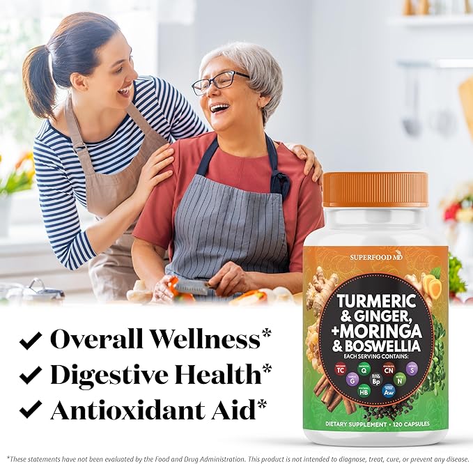 Turmeric Moringa Supplement | Ginger Boswellia Saffron Holy Basil- Joint Support Supplement for Women and Men with Ceylon Cinnamon Quercetin Tart Cherry- 120 Count