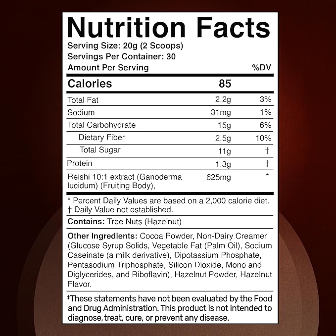 Mushroom Hazelnut Powder with Reishi 10:1 Extract Hot Cocoa Powder Caffeine-Free Mushroom Coffee Alternative - Adaptogenic Superfood Drink for Focus Relaxation and Mood Support - 30 Servings
